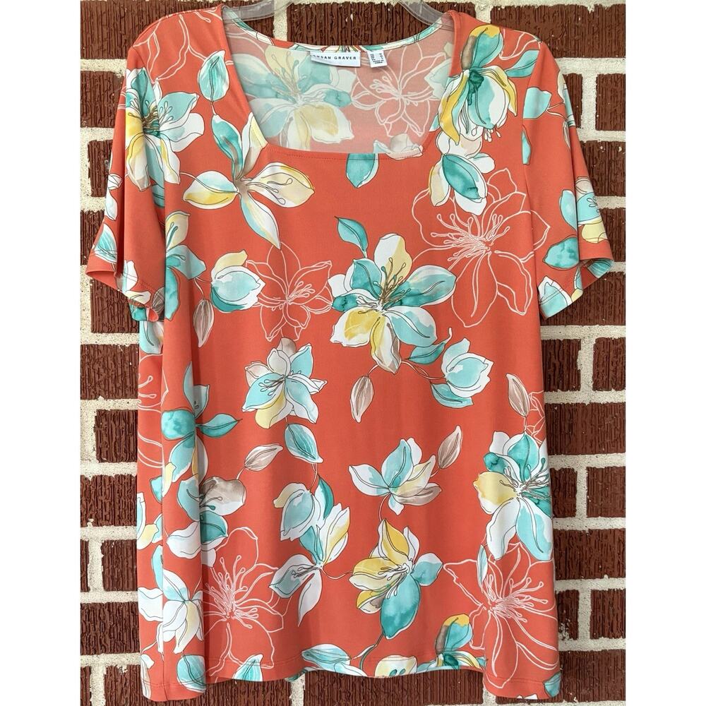 SUSAN GRAVER Orange Floral Square Neck Short Sleeve Knit Top Size Medium